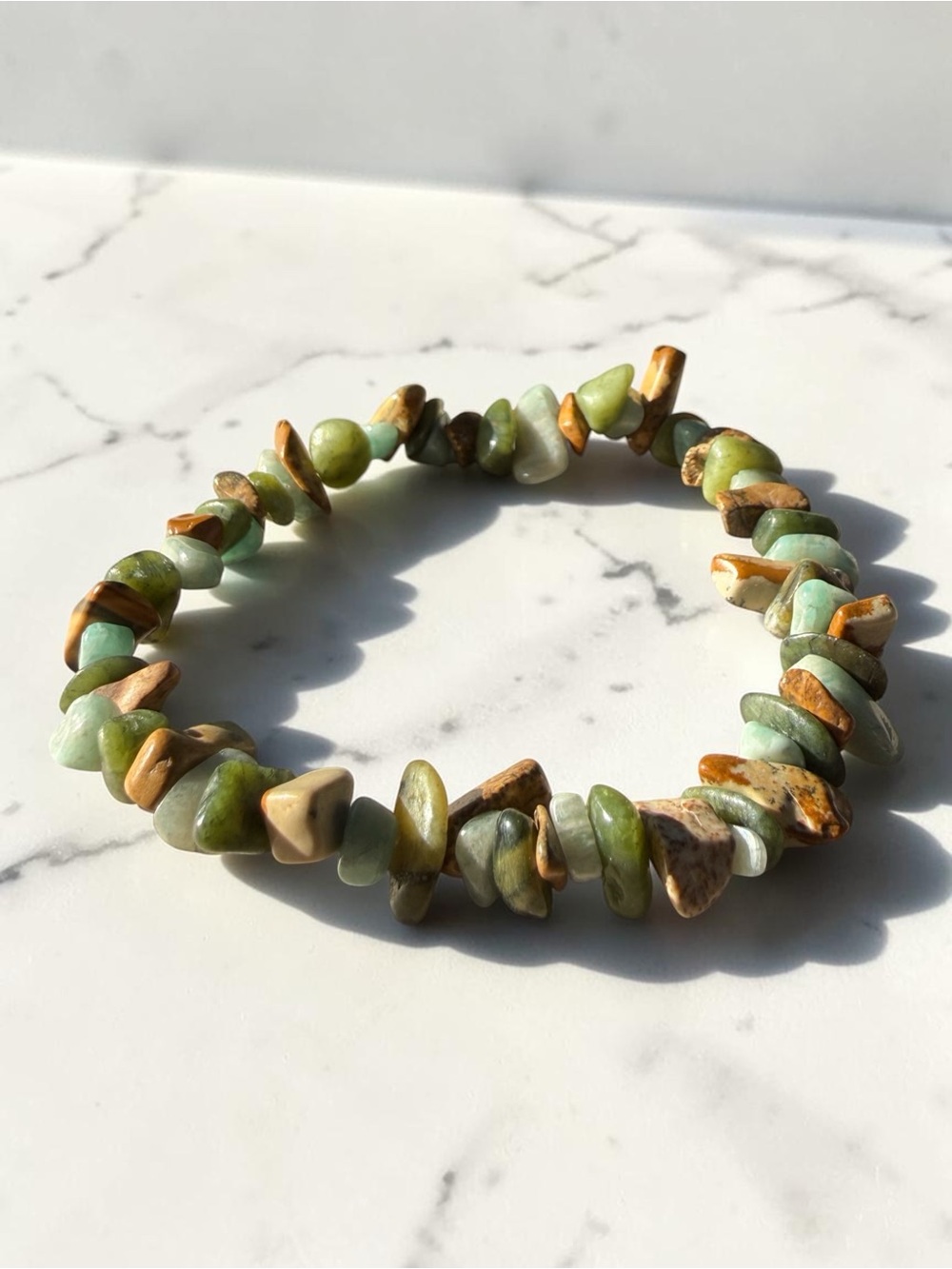 Gemstone Stretch Bracelet Boho Earthy Mixed Green Brown Crystal Stones Handmade